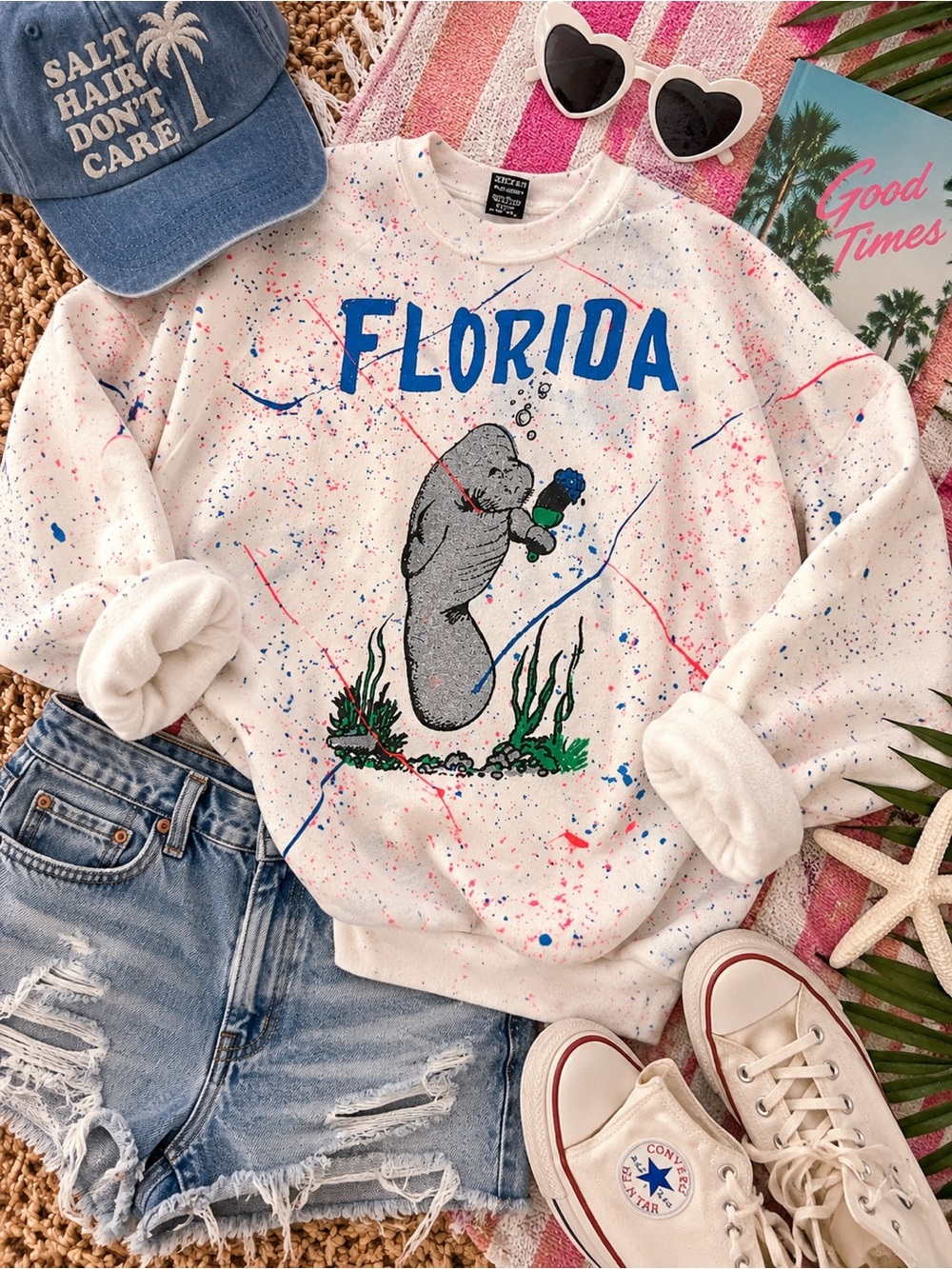 Vintage 80s Florida Manatee Paint Splatter Sweatshirt XL Screen Stars USA - Picture 1 of 11